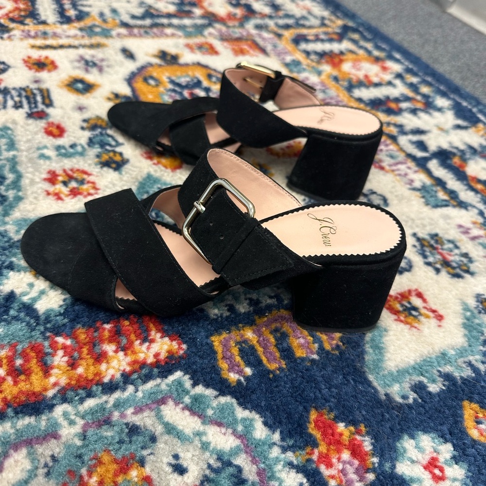 J. Crew Penny Buckle Mules Black Suede Block Heel Sandal 5 Career Preppy